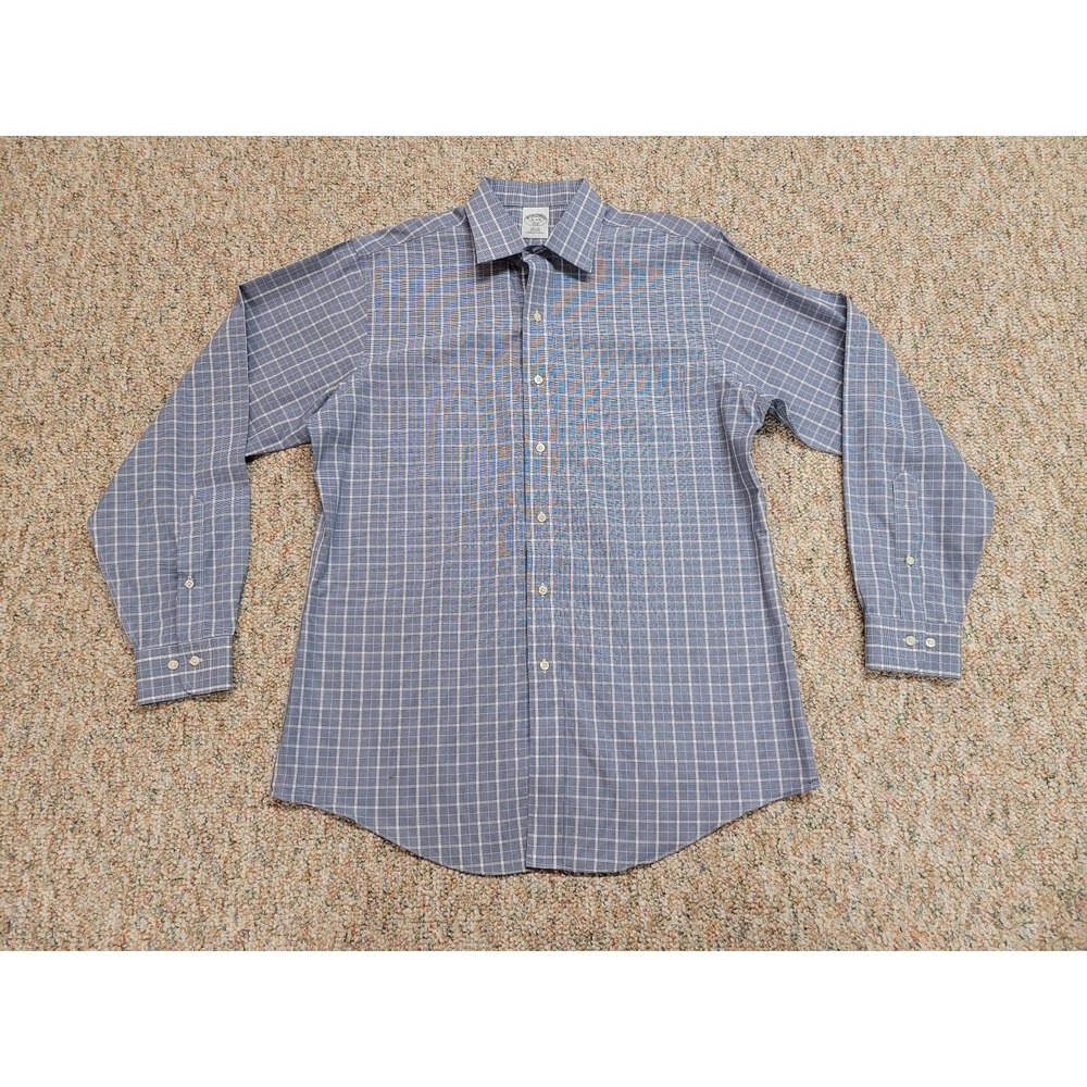 Brooks Brothers 346 Shirt Mens 16-4/5 Blue Plaid Slim Fit Non Iron Button Up